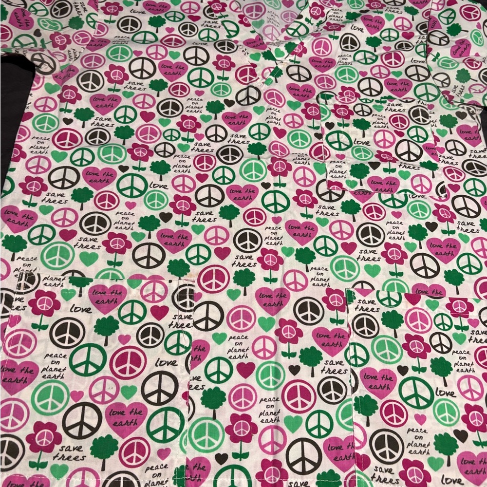Cassandra O Women's Pink Peace Graphic Scrub Top Size M #14